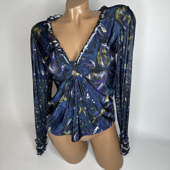 Y2k Roberto Cavalli Ruffle Heart Print Top S Italy Romantic Glam Designer Rare - Picture 14 of 14